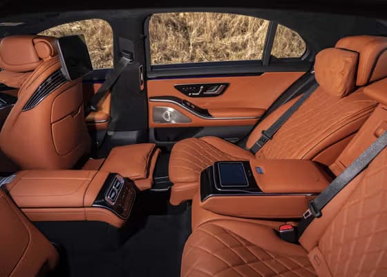 The refined front interior of the Mercedes-Benz S-Class, combining advanced technology with executive comfort for premium chauffeur service in London.