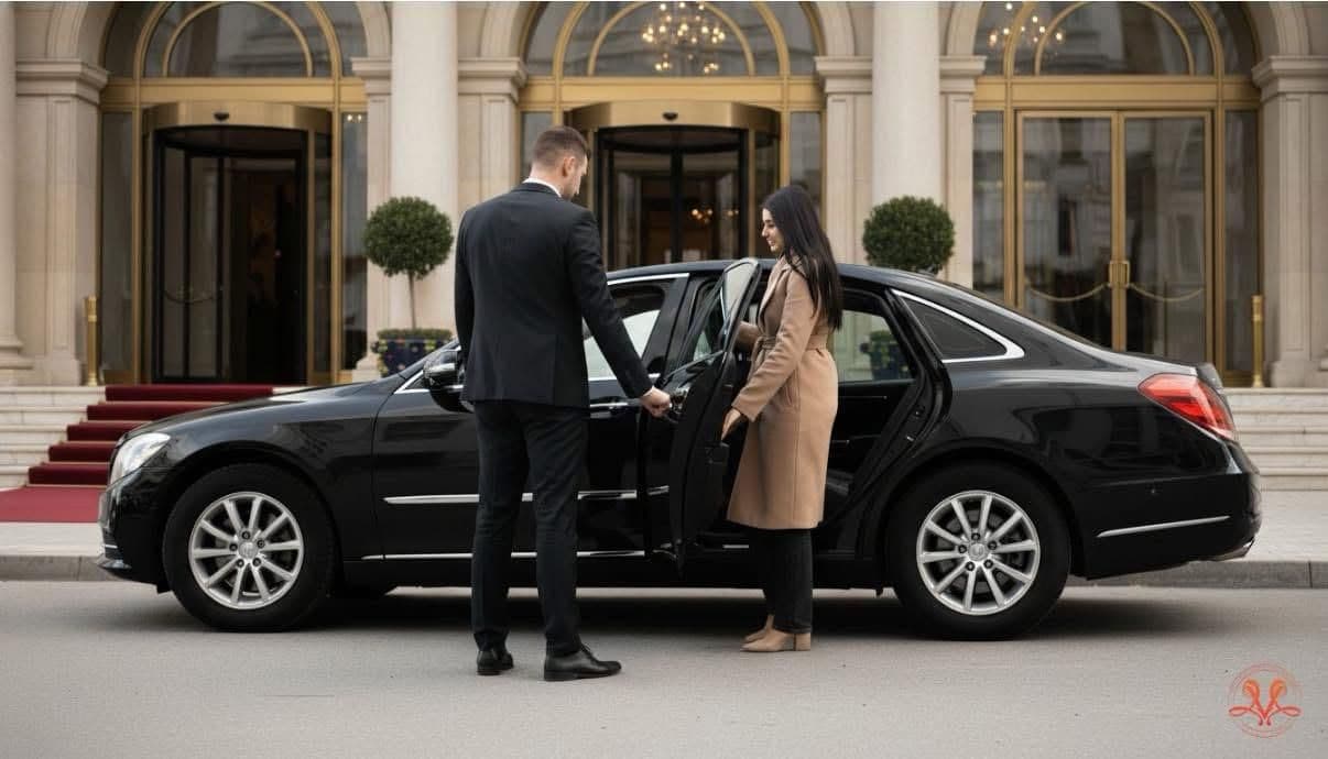 Professional chauffeur opening the door for a guest outside a luxury London hotel for private hire chauffeur service