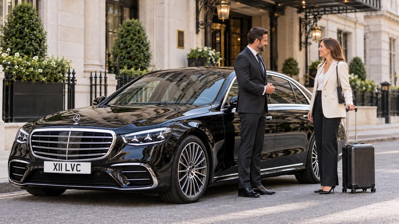Chauffeur greeting a passenger beside a Mercedes