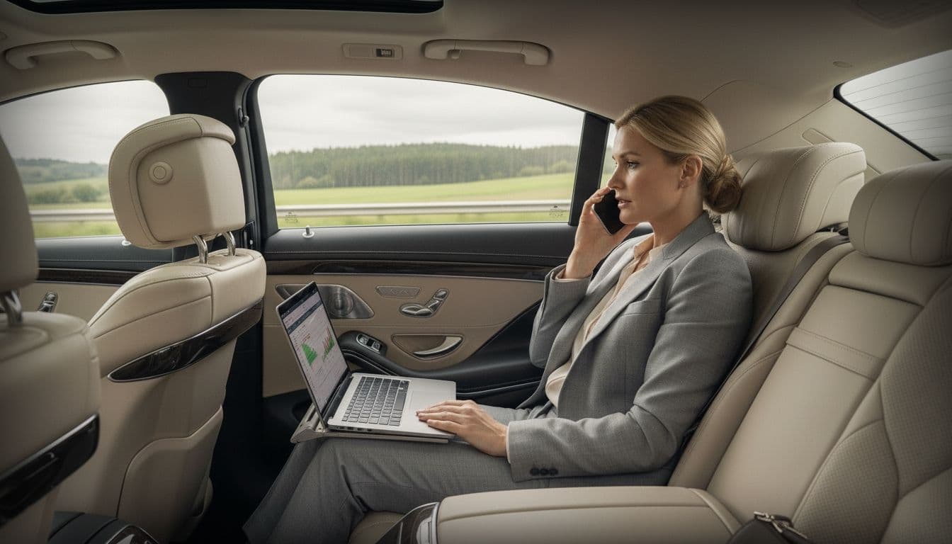 Business executive working in a chauffeur-driven luxury car in London