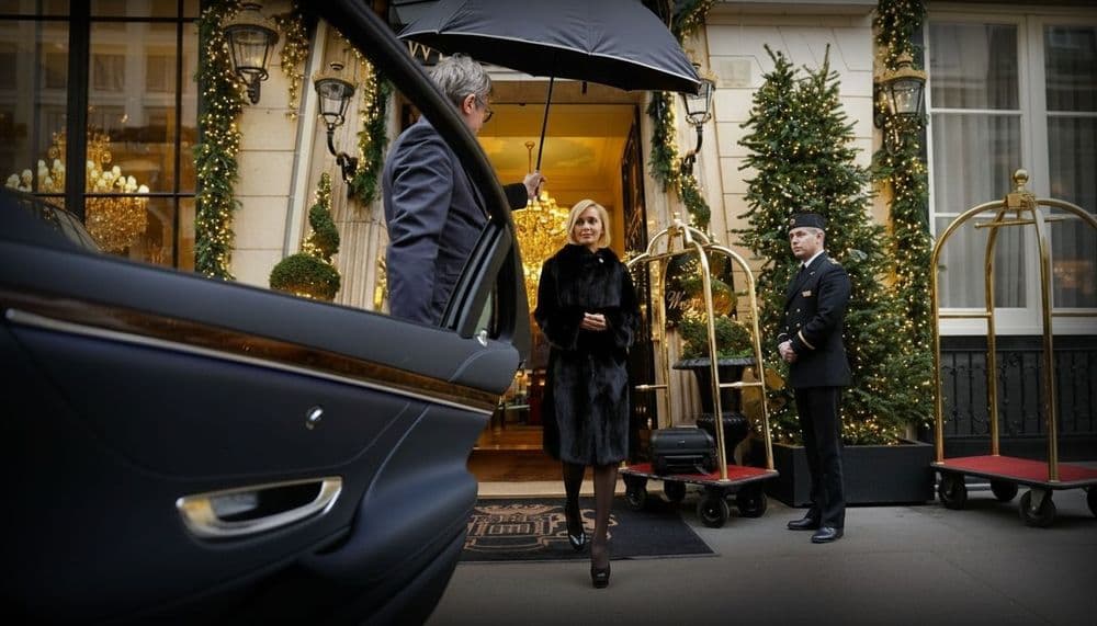 VIP female guest exiting luxury hotel with professional chauffeur holding umbrella and opening car door while hotel porter assists with luggage