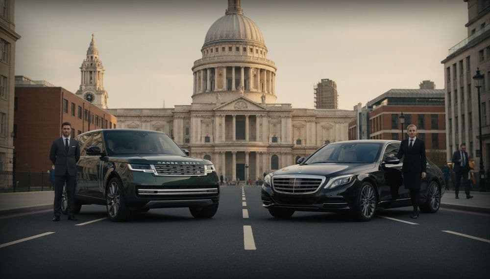 Two luxury vehicles — a Range Rover SUV and a Mercedes S-Class — are parked in front of St Paul’s Cathedral. The drivers are standing on the ground beside the cars, with the cathedral’s iconic architecture forming the backdrop of the scene.