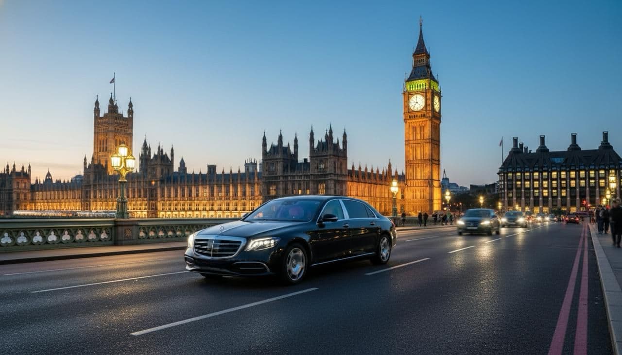 Mercedes-Benz chauffeur vehicle crossing Westminster Bridge in London with clients on a private city tour.