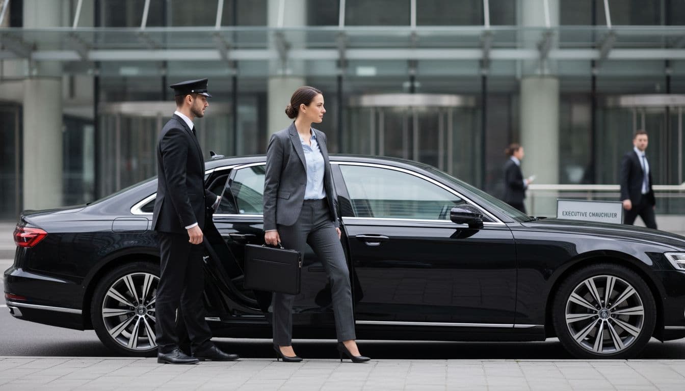 Mercedes-Benz S-Class chauffeur vehicle parked in front of the City of London building for a corporate roadshow, with a professional lady guest.