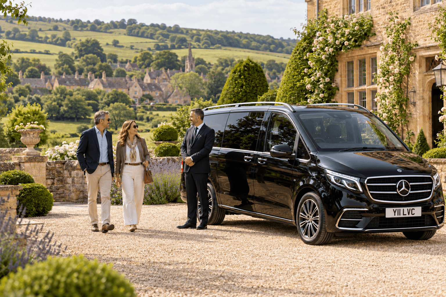 Guests and chauffeur beside a black Mercedes-Benz V-Class during a private Cotswolds countryside tour.