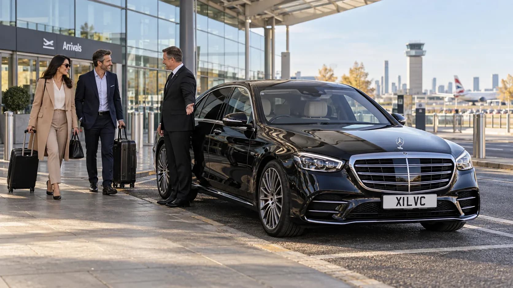 Chauffeur and executive Mercedes at London City Airport